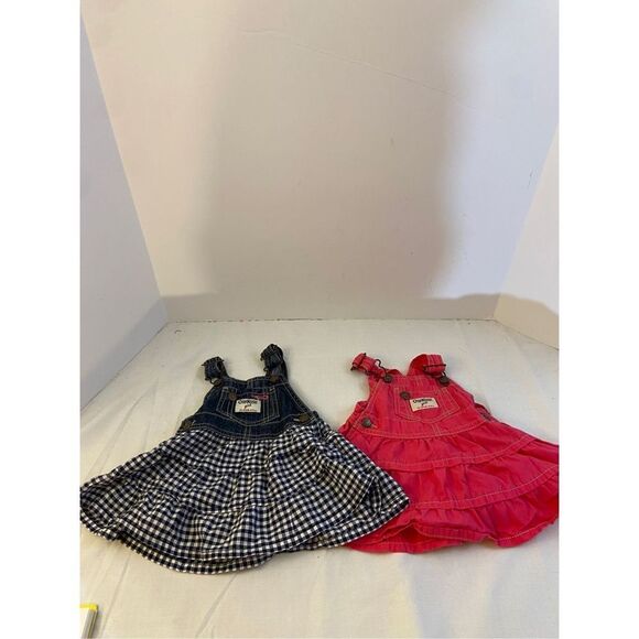 2 Oshkosh girl 6m Ruffle overall dress lot pink navy white